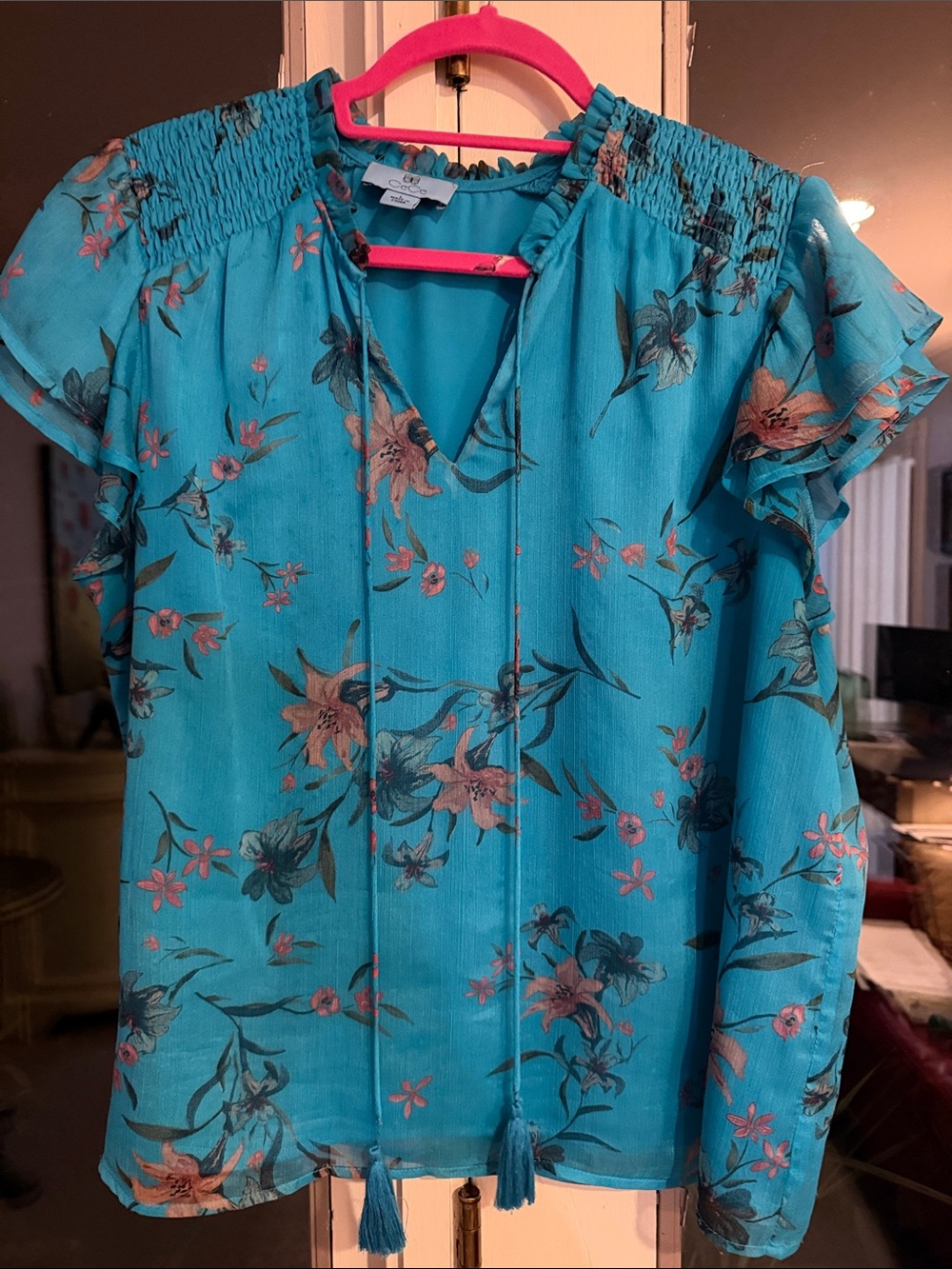 CeCe Turquoise Floral Smocked-Shoulder Tie Blouse